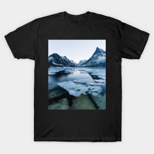 Ice Floating on Innerdalen Lake With Mountain Range on Freezing Winter Day T-Shirt